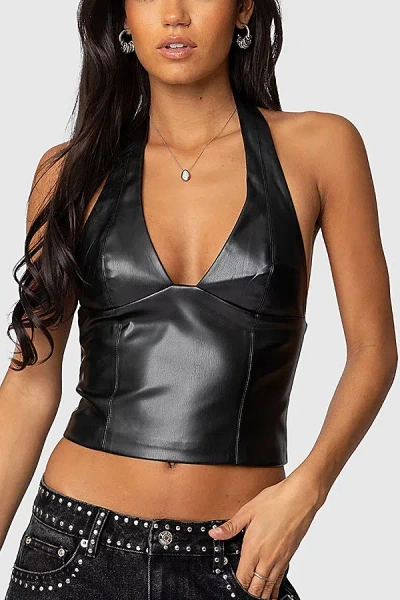 EDIKTED TANA FAUX LEATHER HALTER TOP IN BLACK, WOMEN'S AT URBAN OUTFITTERS