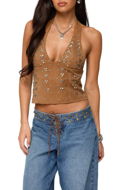 EDIKTED EDIKTED XARIA STUDDED FAUX SUEDE HALTER TOP