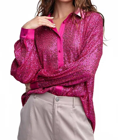 EESOME GLITTER BUTTON DOWN SHIRT IN HOT PINK