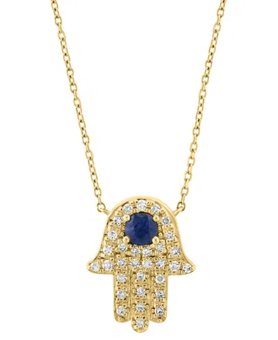 EFFY COLLECTION EFFY BLUE SAPPHIRE (1/4 CT. T.W.) & DIAMOND (1/6 CT. T.W.) HAMSA HAND 18" PENDANT NECKLACE IN 14K YE