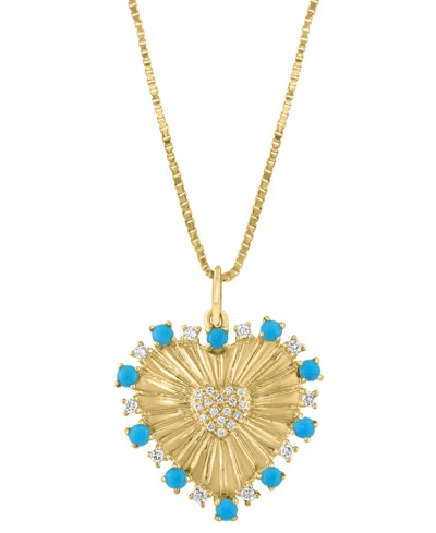 EFFY COLLECTION EFFY TURQUOISE & DIAMOND (1/8 CT. T.W.) SUNRAY HEART 18" PENDANT NECKLACE IN 14K GOLD