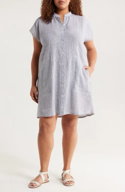 EILEEN FISHER EILEEN FISHER BAND COLLAR STRIPE ORGANIC LINEN SHIRTDRESS