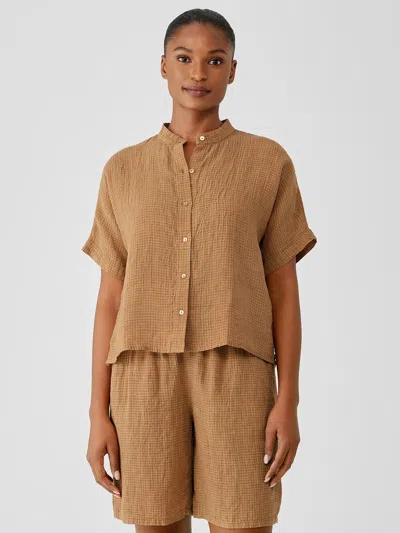 EILEEN FISHER PUCKERED ORGANIC LINEN SHORT-SLEEVE SHIRT