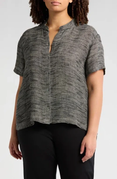 EILEEN FISHER EILEEN FISHER SHORT SLEEVE ORGANIC LINEN BLEND BUTTON-UP SHIRT