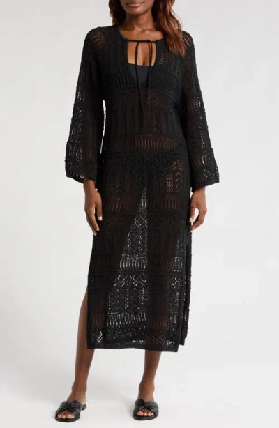 ELAN ELAN LACE KNIT LONG SLEEVE COVER-UP MIDI DRESS