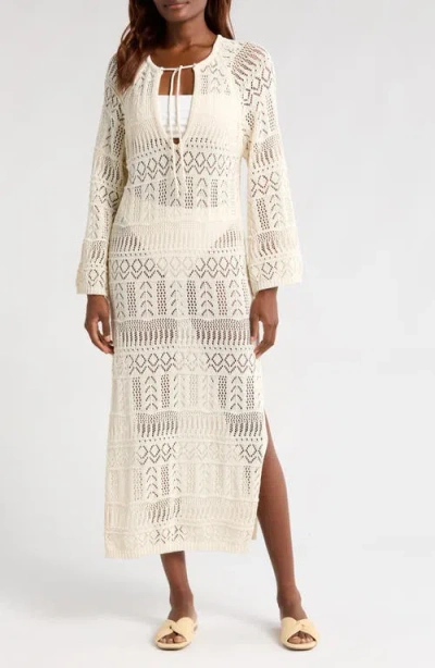 ELAN ELAN LACE KNIT LONG SLEEVE COVER-UP MIDI DRESS
