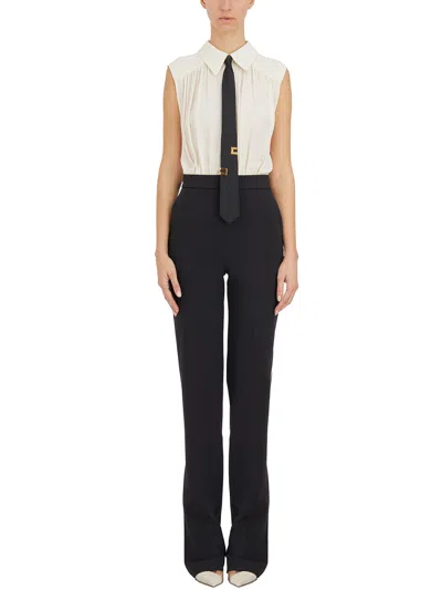 ELISABETTA FRANCHI BLACK AND WHITE WOMEN'S JUMPSUIT WITH PADDED STRAPS AND INVISIBLE ZIPPER