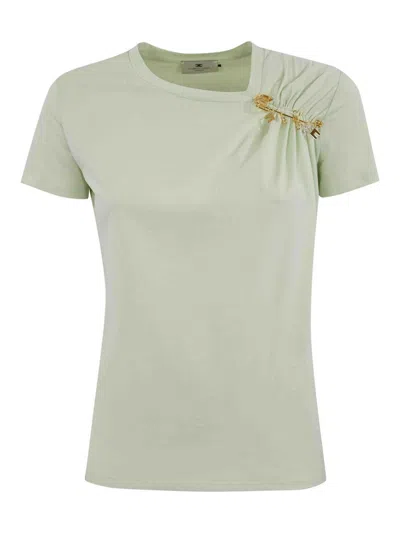 ELISABETTA FRANCHI JERSEY T-SHIRT WITH JEWEL BROOCH