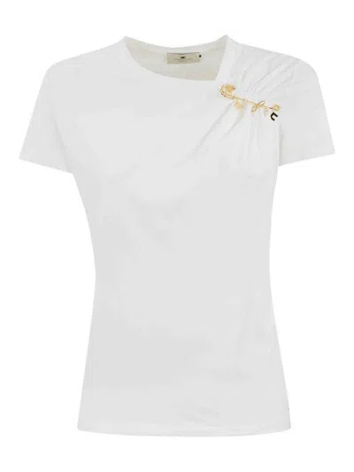ELISABETTA FRANCHI JERSEY T-SHIRT WITH JEWEL BROOCH