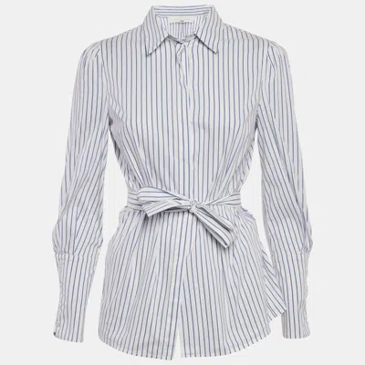 ELISABETTA FRANCHI WHITE & BLUE STRIPED COTTON TIE DETAIL SHIRT S