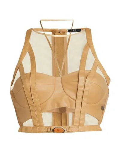 ELISABETTA FRANCHI ELISABETTA FRANCHI WOMAN TOP BEIGE SIZE 2 POLYAMIDE, POLYESTER, POLYURETHANE