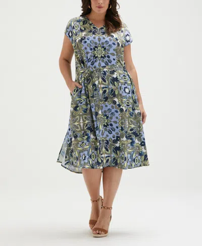 ELLA RAFAELLA PLUS SIZE SCARF PRINT SELF TIE SHORT SLEEVE DRESS
