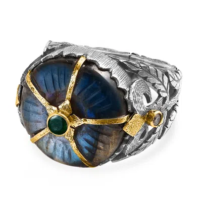 EMMA CHAPMAN JEWELS WOMEN'S GREY / GREEN LABRADORITE EMERALD DIAMOND COCKTAIL RING