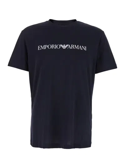 EMPORIO ARMANI BLUE T-SHIRT WITH CONTRASTING LOGO LETTERING PRINT IN COTTON MAN