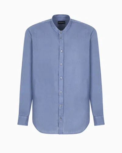 EMPORIO ARMANI GARMENT-DYED LINEN SHIRT WITH GURU COLLAR