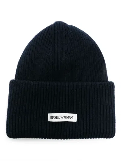 EMPORIO ARMANI LOGO-PATCH CHUNKY-KNIT BEANIE