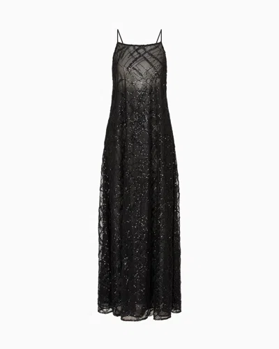 EMPORIO ARMANI LONG TULLE DRESS WITH ALL-OVER MICRO-SEQUIN AND JET EMBROIDERY