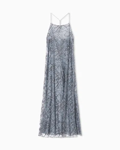 EMPORIO ARMANI LONG TULLE DRESS WITH ALL-OVER MICRO-SEQUIN AND JET EMBROIDERY