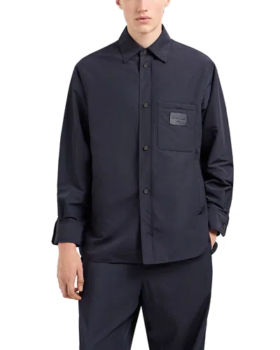 EMPORIO ARMANI PADDED REGULAR FIT BUTTON DOWN SHIRT WITH LEATHER LOGO PATCH