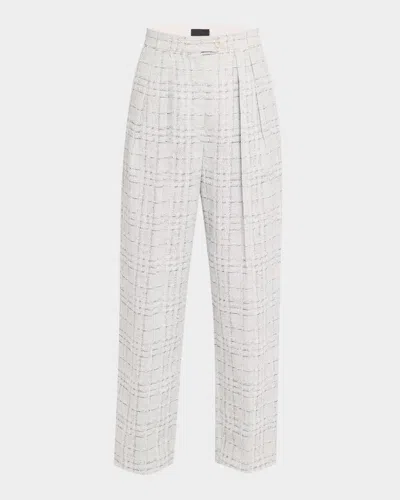 EMPORIO ARMANI PLEATED CHECK COTTON-LINEN TROUSERS