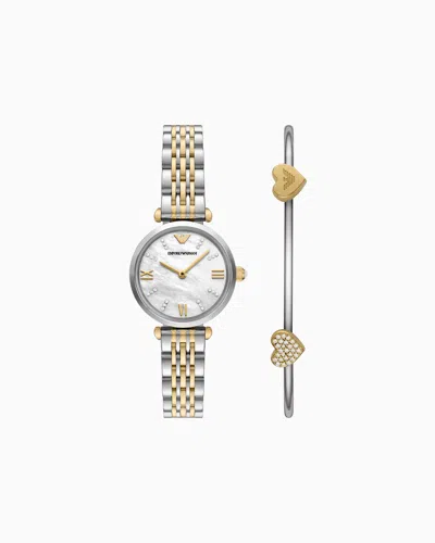 EMPORIO ARMANI TWO-HAND TWO-TONE STAINLESS STEEL WATCH AND BRACELET SET