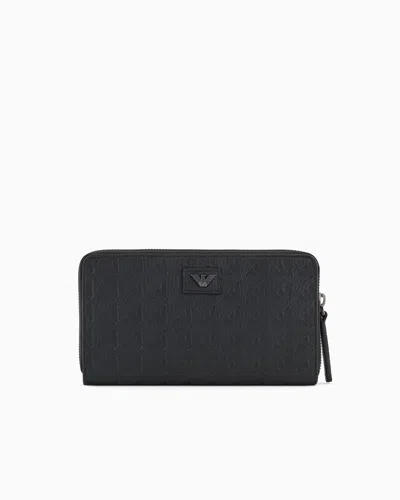 EMPORIO ARMANI ZIP-AROUND LEATHER WALLET WITH ALL-OVER EMBOSSED EAGLE