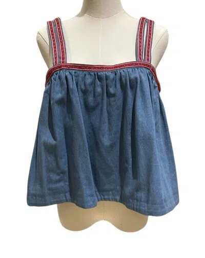 ENDLESS ROSE WOMEN'S DETAILED EMBROIDERY DENIM TANK TOP IN BLUE