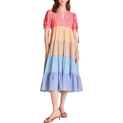 ENGLISH FACTORY ENGLISH FACTORY FLORAL COLORBLOCK TIERED COTTON MIDI DRESS