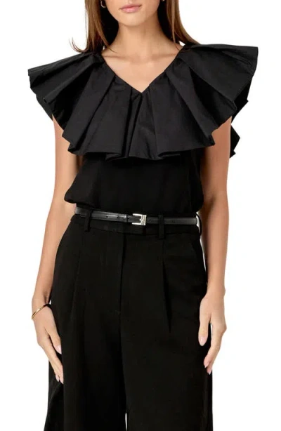 ENGLISH FACTORY ENGLISH FACTORY MIXED MEDIA RUFFLE SLEEVELESS TOP