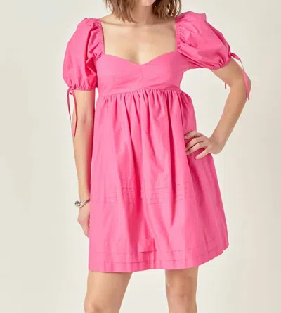 ENGLISH FACTORY PLEAT DETAIL PUFF SLEEVE DRESS IN PINK