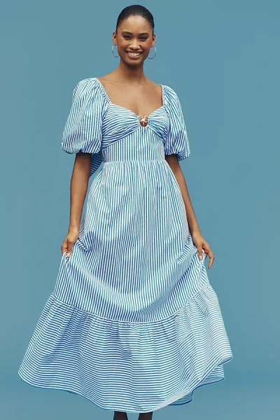 ENGLISH FACTORY PUFF-SLEEVE OPEN-BACK A-LINE MIDI DRESS