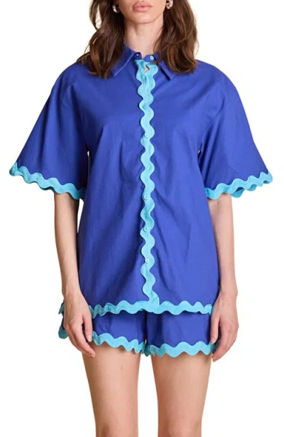 ENGLISH FACTORY ENGLISH FACTORY RICKRACK TRIM COTTON & LINEN BUTTON-UP SHIRT