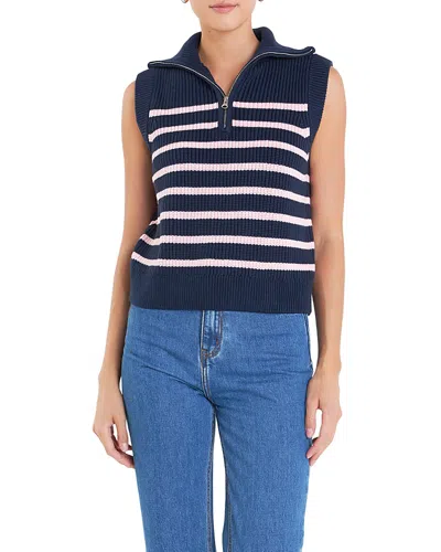 ENGLISH FACTORY WOMEN'S STRIPE HALF ZIP UP SLEEVELESS KNIT TOP