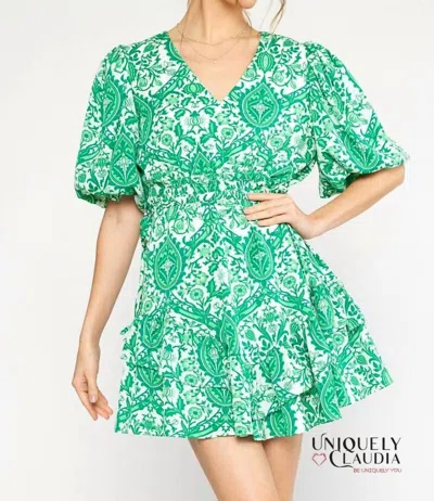 ENTRO FRANCESCA GREEN ORNATE PRINT PUFF SLEEVES RUFFLE DRESS