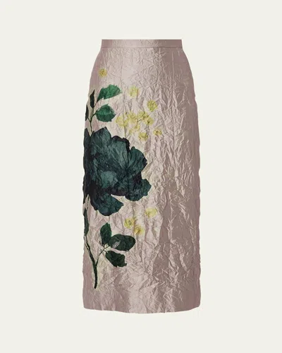 ERDEM FLORAL CRINKLE PENCIL MIDI SKIRT