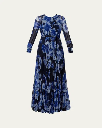 ERDEM FLORAL PLEATED LONG SLEEVE GOWN