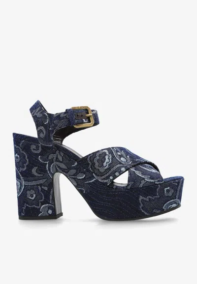 ETRO 100 FLORAL JACQUARD DENIM PLATFORM SANDALS