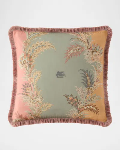 ETRO CALADIUM EMBROIDERED PILLOW WITH FRINGE, 18" SQUARE