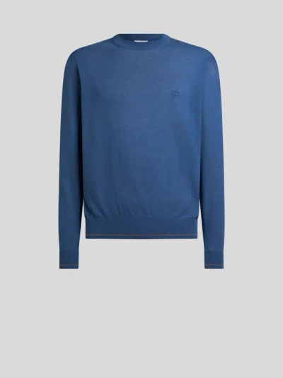 ETRO , COTTON JACQUARD CREW-NECK SWEATER, MAN, BLUE, SIZE M