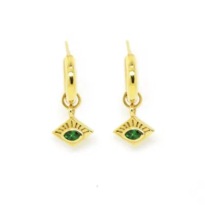 ETTA BURTON JEWELLERY WOMEN'S GREEN / GOLD EVIL EYE GREEN EYED GOLD VERMEIL CHARM HOOP EARRINGS