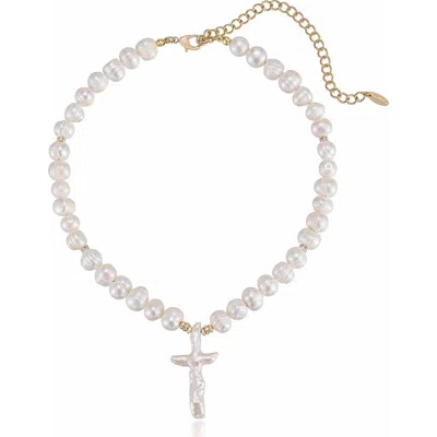 ETTIKA ETTIKA FRESHWATER PEARL CROSS PENDANT NECKLACE