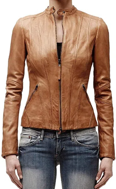 F&L DAMEN ECHT LAMMLEDER MOTORRAD BROWN SLIM FIT BIKERJACKE -WJK006