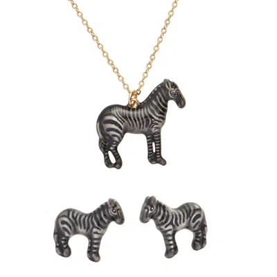FABLE ENGLAND WOMEN'S BLACK / WHITE FABLE ENGLAND X NATURAL HISTORY MUSEUM ZEBRA PENDANT NECKLACE & ZEBRA STUD EAR
