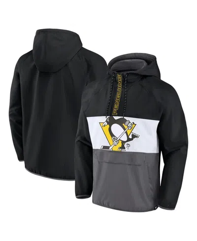 FANATICS MEN'S FANATICS BLACK PITTSBURGH PENGUINS FLAGRANT FOUL ANORAK RAGLAN HALF-ZIP HOODIE JACKET