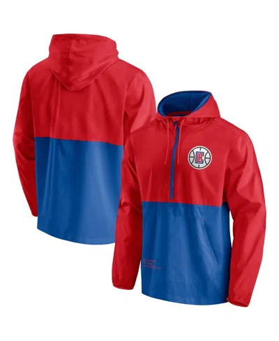 FANATICS MEN'S FANATICS ROYAL, RED LA CLIPPERS ANORAK BLOCK PARTY WINDBREAKER HALF-ZIP HOODIE JACKET