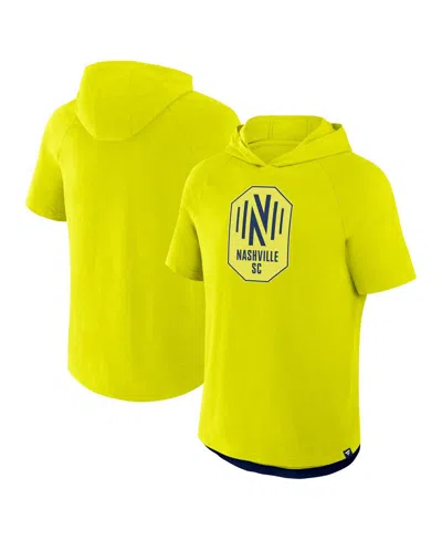 FANATICS MEN'S YELLOW NASHVILLE SC HAT TRICK STADIUM SLUB RAGLAN SHORT SLEEVE PULLOVER HOODIE