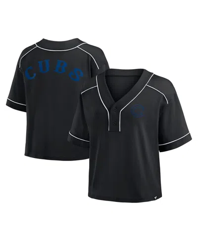 FANATICS WOMEN'S BLACK CHICAGO CUBS OVERSIZED CHAMP GAME CROPPED V-NECK T-SHIRT