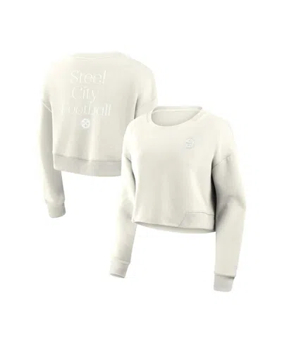 FANATICS WOMEN'S CREAM PITTSBURGH STEELERS STUDIO TRI-BLEND CROPPED PULLOVER SWEATSHIRT
