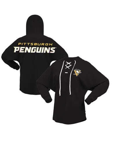 FANATICS WOMEN'S FANATICS BLACK PITTSBURGH PENGUINS JERSEY LACE-UP V-NECK LONG SLEEVE HOODIE T-SHIRT