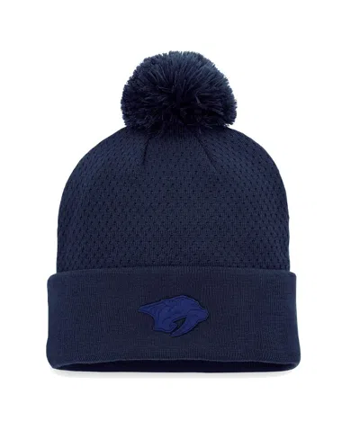 FANATICS WOMEN'S FANATICS NAVY NASHVILLE PREDATORS AUTHENTIC PRO ROAD CUFFED KNIT HAT WITH POM